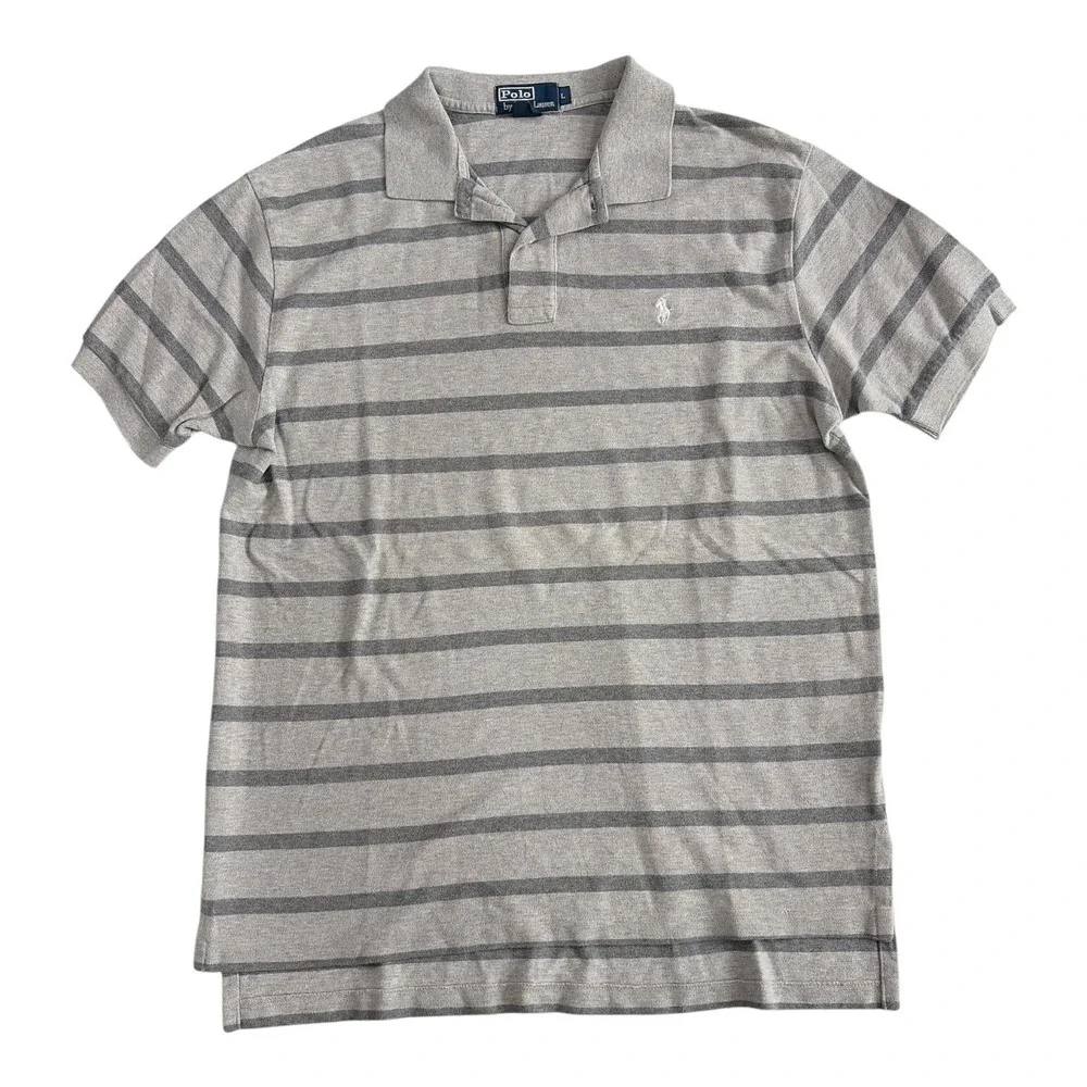 Polo Ralph Lauren Men's Large Gray Striped Polo Shirt Cotton Classic Preppy